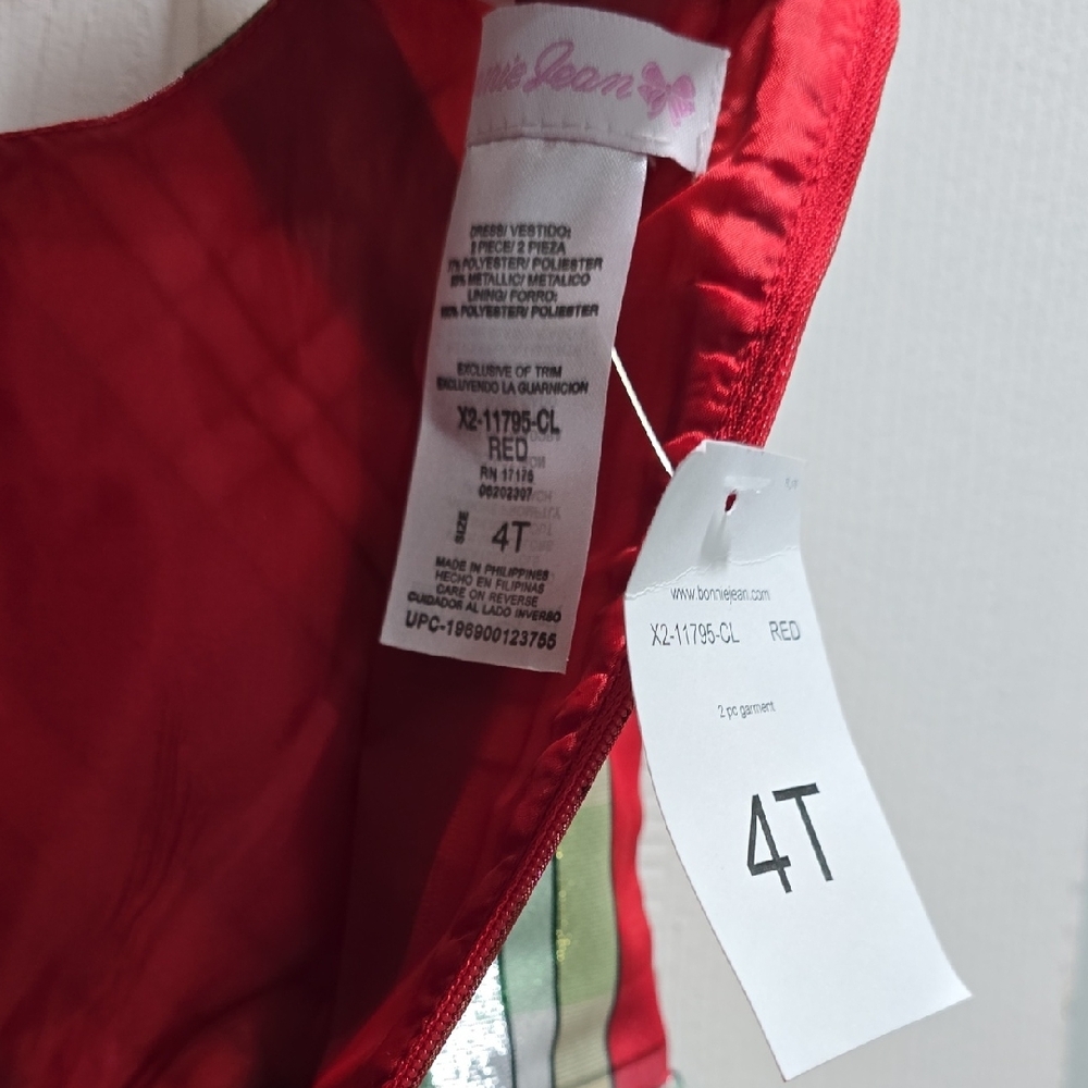 Bonnie Jean Red Coat with Gold Bow Accents and Plaid Dress Kid Size 4T - Picture 9 of 12